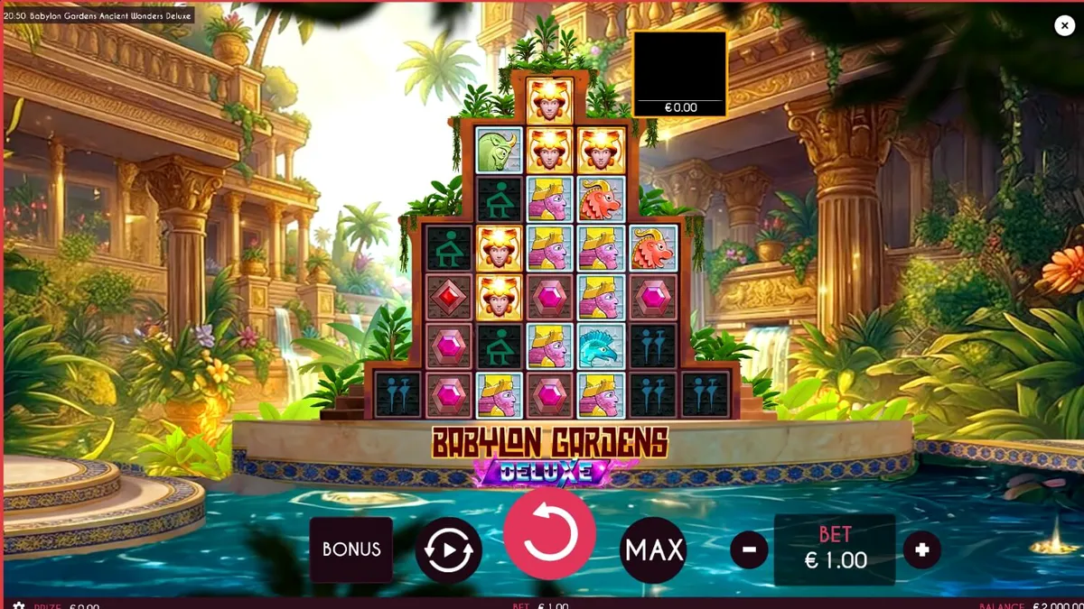 Pemandangan visual slot Babylon Gardens Ancient Wonders Deluxe dengan tema taman gantung kuno
